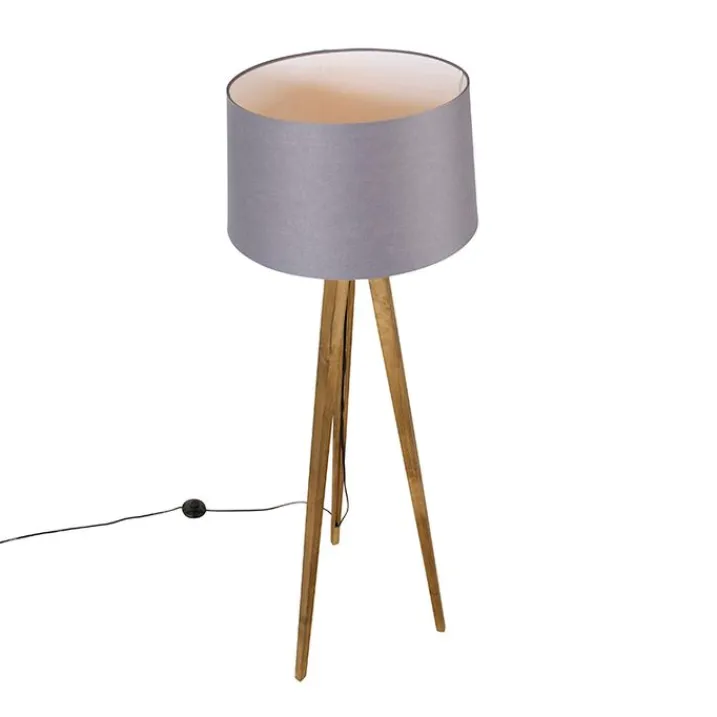 QAZQA Stehlampen|Wohnzimmerlampen*Ländliches Stativ Vintage Holz mit Leinenschirm dunkelgrau 45 cm - Tripod Classic