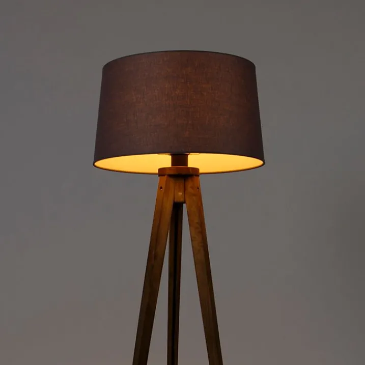 QAZQA Stehlampen|Wohnzimmerlampen*Ländliches Stativ Vintage Holz mit Leinenschirm dunkelgrau 45 cm - Tripod Classic