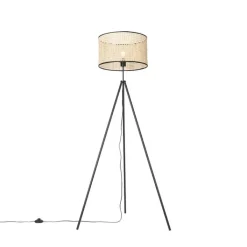 QAZQA Schlafzimmerlampen|Küchenlampen*Ländliches Stehlampen-Stativ schwarz mit Rattan-Schirm - Kata
