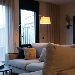 QAZQA Bogenlampen|Stehlampen*Moderne Bogenlampe Stahl mit grauem Stoffschirm - Arc Basic