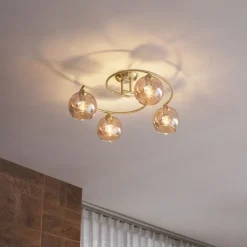 QAZQA Schlafzimmerlampen|Küchenlampen*Moderne Deckenleuchte Messing mit Bernsteinglas 4-flammig - Alanis