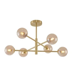 QAZQA Schlafzimmerlampen|Küchenlampen*Moderne Deckenleuchte Messing mit bernsteinfarbenem Glas 6-flammig - Ryan