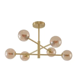 QAZQA Schlafzimmerlampen|Küchenlampen*Moderne Deckenleuchte Messing mit bernsteinfarbenem Glas 6-flammig - Ryan