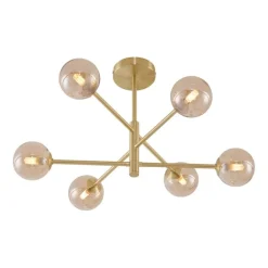 QAZQA Schlafzimmerlampen|Küchenlampen*Moderne Deckenleuchte Messing mit bernsteinfarbenem Glas 6-flammig - Ryan