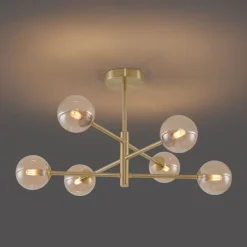 QAZQA Schlafzimmerlampen|Küchenlampen*Moderne Deckenleuchte Messing mit bernsteinfarbenem Glas 6-flammig - Ryan