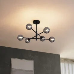 QAZQA Schlafzimmerlampen|Küchenlampen*Moderne Deckenleuchte Schwarz mit Rauchglas 6-flammig - Ryan