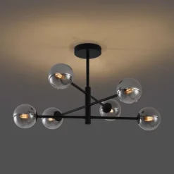 QAZQA Schlafzimmerlampen|Küchenlampen*Moderne Deckenleuchte Schwarz mit Rauchglas 6-flammig - Ryan