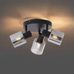 QAZQA Schlafzimmerlampen|Küchenlampen*Moderne Deckenleuchte Schwarz mit rundem Rauchglas 3-flammig - Cilin