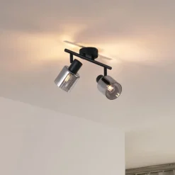 QAZQA Schlafzimmerlampen|Küchenlampen*Moderne Deckenleuchte Schwarz mit runden Rauchglas 2-flammig - Cilin