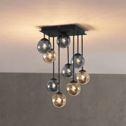 QAZQA Deckenleuchten|Wohnzimmerlampen*Moderne Deckenleuchte Schwarz mit Bernstein- und Rauchglas 9-flammig - Athen