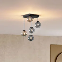 QAZQA Küchenlampen|Deckenleuchten*Moderne Deckenleuchte Schwarz mit Bernstein- und Rauchglas 5-flammig - Athen