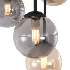 QAZQA Küchenlampen|Deckenleuchten*Moderne Deckenleuchte Schwarz mit Bernstein- und Rauchglas 5-flammig - Athen