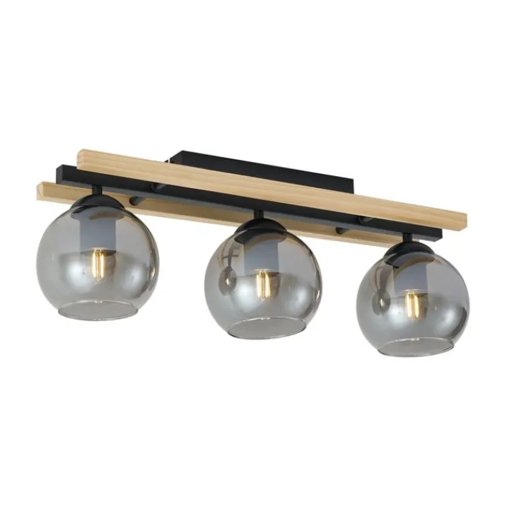 QAZQA Deckenleuchten|Wohnzimmerlampen*Moderne Deckenleuchte schwarz mit Holz und Rauchglas 3-flammig - Aleks