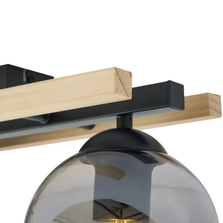 QAZQA Deckenleuchten|Wohnzimmerlampen*Moderne Deckenleuchte schwarz mit Holz und Rauchglas 3-flammig - Aleks