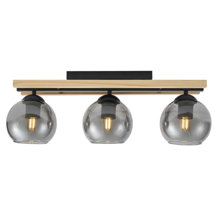 QAZQA Deckenleuchten|Wohnzimmerlampen*Moderne Deckenleuchte schwarz mit Holz und Rauchglas 3-flammig - Aleks