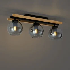 QAZQA Deckenleuchten|Wohnzimmerlampen*Moderne Deckenleuchte schwarz mit Holz und Rauchglas 3-flammig - Aleks