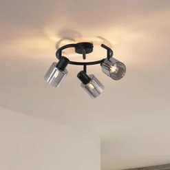 QAZQA Deckenstrahler|Aufbaustrahler*Moderne Deckenleuchte Schwarz mit Rauchglas Spirale 3-flammig - Cilin