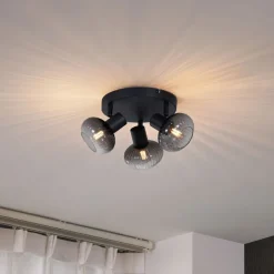 QAZQA Deckenstrahler|Aufbaustrahler*Moderne Deckenleuchte schwarz mit rundem Rauchglas 3-flammig - Teddy