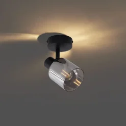 QAZQA Deckenstrahler|Aufbaustrahler*Moderne Deckenleuchte Schwarz mit rundem Rauchglas - Cilin