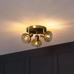 QAZQA Deckenstrahler|Aufbaustrahler*Moderne Deckenstrahler Gold mit Bernstein Glas rund 3-flammig - Teddy