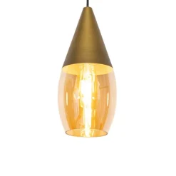 QAZQA Pendelleuchten|Wohnzimmerlampen*Moderne Hängelampe Gold mit bernsteinfarbenem Glas – Drop