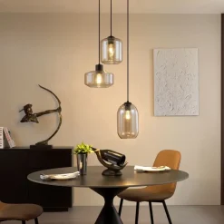 QAZQA Schlafzimmerlampen|Küchenlampen*Moderne Hängelampe schwarz mit bernsteinfarbenem Glas 3-flammig - Sheena