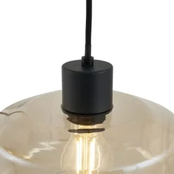 QAZQA Schlafzimmerlampen|Küchenlampen*Moderne Hängelampe schwarz mit bernsteinfarbenem Glas 3-flammig - Sheena