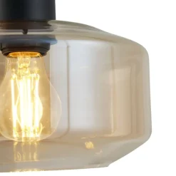 QAZQA Schlafzimmerlampen|Küchenlampen*Moderne Hängelampe schwarz mit bernsteinfarbenem Glas 3-flammig - Sheena