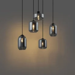 QAZQA Pendelleuchten|Wohnzimmerlampen*Moderne Hängelampe schwarz mit Rauchglas 5-flammig - Sheena