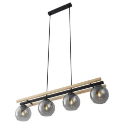 QAZQA Pendelleuchten|Wohnzimmerlampen*Moderne Hängelampe schwarz mit Holz und Rauchglas 4-flammig - Aleks