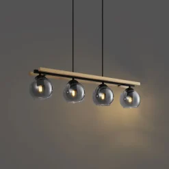 QAZQA Pendelleuchten|Wohnzimmerlampen*Moderne Hängelampe schwarz mit Holz und Rauchglas 4-flammig - Aleks