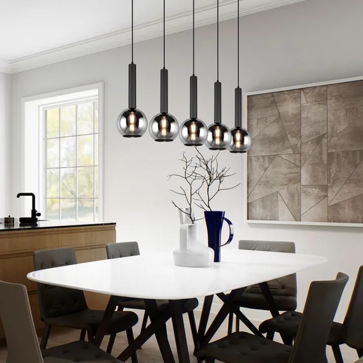 Trio Leuchten Küchenlampen|Pendelleuchten*Moderne Hängelampe schwarz mit Rauchglas 5-Licht - Clayton