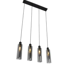 QAZQA Pendelleuchten|Wohnzimmerlampen*Moderne Hängelampe schwarz mit Rauchglas 4-flammig - Stavelot