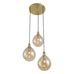 QAZQA Küchenlampen|Esszimmerlampen*Moderne Pendelleuchte Gold mit bernsteinfarbenem Glas 3-flammig - Traditional