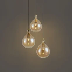 QAZQA Küchenlampen|Esszimmerlampen*Moderne Pendelleuchte Gold mit bernsteinfarbenem Glas 3-flammig - Traditional
