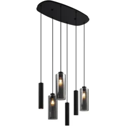 QAZQA Pendelleuchten|Wohnzimmerlampen*Moderne Pendelleuchte Schwarz mit Rauchglas 6-flammig - Duplantis