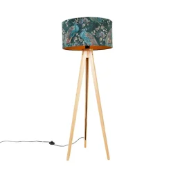 QAZQA Stehlampen|Wohnzimmerlampen*Moderne Stehlampe Holz Stoffschirm Pfau 50 cm - Stativ Classic
