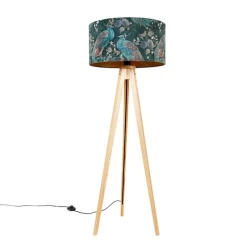 QAZQA Stehlampen|Wohnzimmerlampen*Moderne Stehlampe Holz Stoffschirm Pfau 50 cm - Stativ Classic