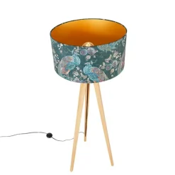 QAZQA Stehlampen|Wohnzimmerlampen*Moderne Stehlampe Holz Stoffschirm Pfau 50 cm - Stativ Classic