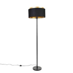 QAZQA Stehlampen|Wohnzimmerlampen*Moderne Stehlampe schwarz mit Schirm schwarz mit Gold - Simplo