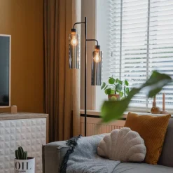 QAZQA Stehlampen|Wohnzimmerlampen*Moderne Stehlampe schwarz mit Rauchglas 2 Lichter - Stavelot