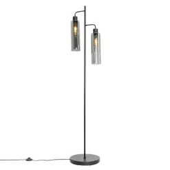QAZQA Stehlampen|Wohnzimmerlampen*Moderne Stehlampe schwarz mit Rauchglas 2 Lichter - Stavelot