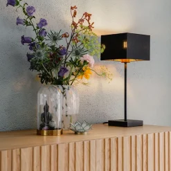 QAZQA Tischlampen|Wohnzimmerlampen*Moderne Tischlampe schwarzer Stoffschirm schwarz mit Gold - VT 1