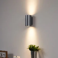 QAZQA Wandleuchten|Esszimmerlampen*Moderne Wandleuchte Gunmetal rund 2-flammig GU10 50mm - Sandy