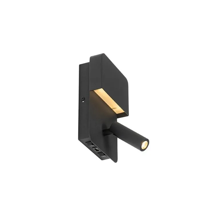 QAZQA Led-Wandleuchten|Wandleuchten*Moderne Wandleuchte schwarz inkl. LED mit USB und Leselampe - Robin
