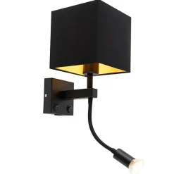 QAZQA Schlafzimmerlampen|Wohnzimmerlampen*Moderne Wandleuchte schwarz mit USB und quadratischem Schwarzschirm - Zeno