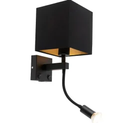 QAZQA Schlafzimmerlampen|Wohnzimmerlampen*Moderne Wandleuchte schwarz mit USB und quadratischem Schwarzschirm - Zeno