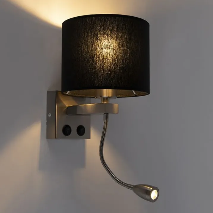 QAZQA Wandleuchten|Wohnzimmerlampen*Moderne Wandleuchte Stahl mit schwarzem Schirm - Brescia