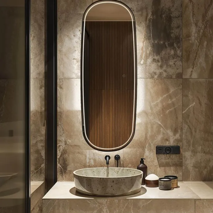 QAZQA Badezimmerlampen|Spiegel Mit Beleuchtung*Moderner Badezimmerspiegel schwarz inkl. LED und Touchdimmer - Geraldien