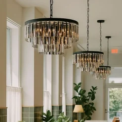 QAZQA Esszimmerlampen|Led-Kronleuchter*Moderner Kronleuchter Schwarz mit Rauchglas 9-flammig - Amel